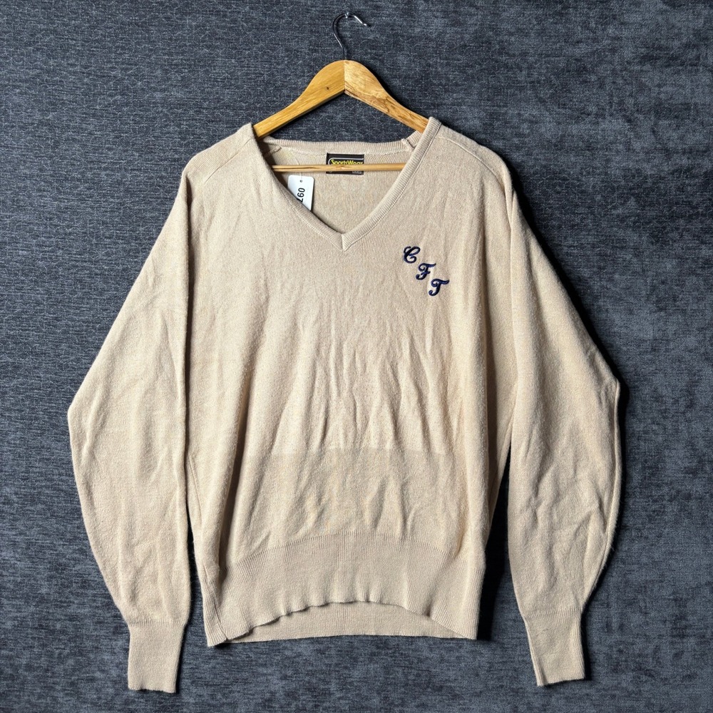 Vintage Sears Sportswear Mens Large Tan V-Neck Orlon Acrylic Sweater CFF USA